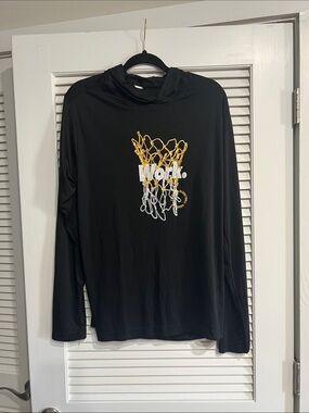 Black Hooded Long Sleeve Shirt with Yellow & White Basketball Net Graphic